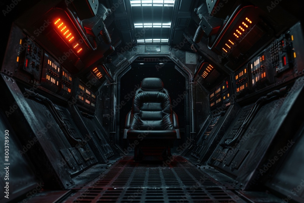 Obraz premium A dark and cramped spaceship escape pod with a single emergency seat and blinking warning lights The scene evokes a sense of tension and potential danger 