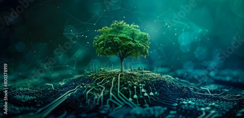 A small tree growing on a chip, blue background with digital and technological elements in dark green color tones photo