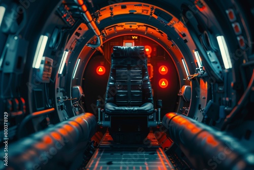 A dark and cramped spaceship escape pod with a single emergency seat and blinking warning lights The scene evokes a sense of tension and potential danger  photo