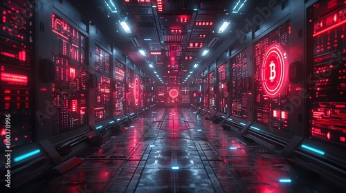 A futuristic sci-fi scene of a long dark hallway with red glowing lights and a glowing Bitcoin symbol at the end of the hall.