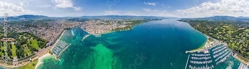 Geneve, Switzerland. Fountain Je-Deau. Lake Geneva. Panorama of the city in summer. Panorama 360. Aerial view © nikitamaykov