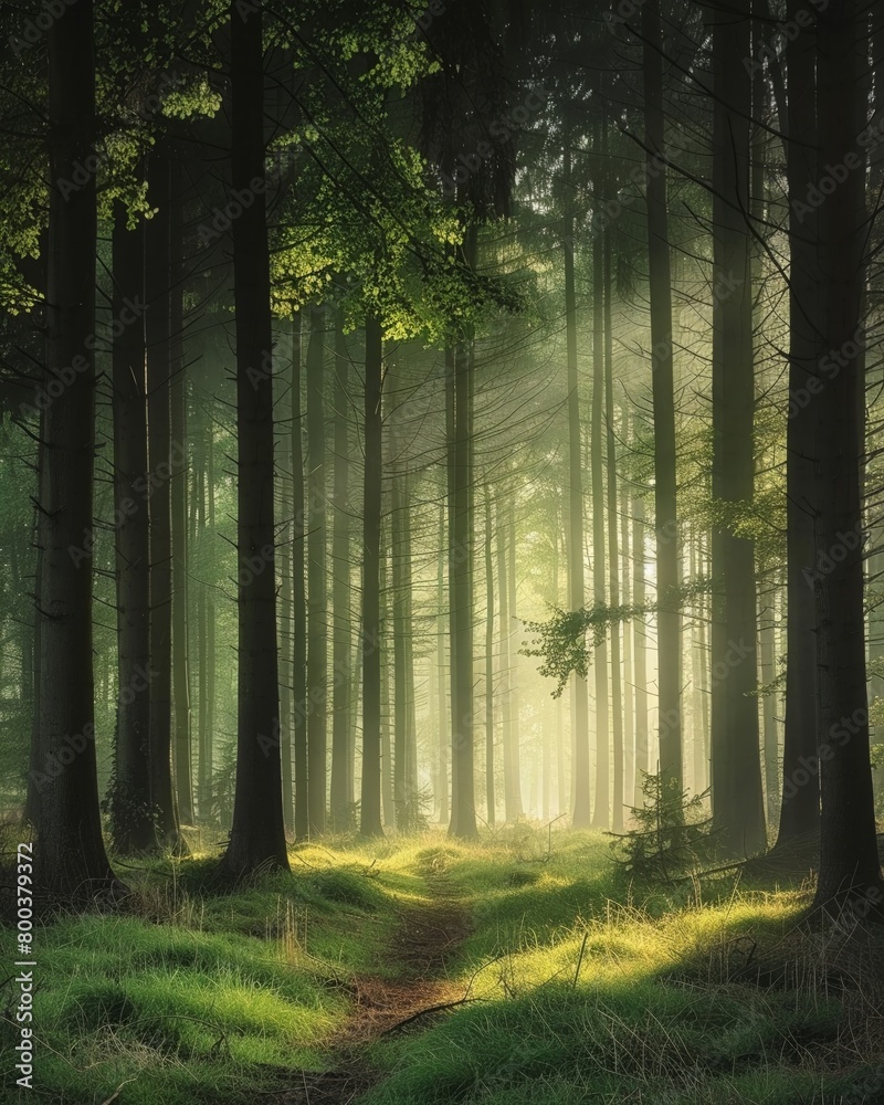 Obraz premium Early morning mist weaving through a forest of tall trees, captured in a sweeping panoramic shot that highlights the vastness and mystery of the woods