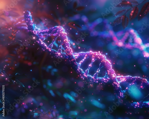 A digital artwork of a DNA molecule with its double helix structure, glowing and vibrant, symbolizing the building blocks of life 