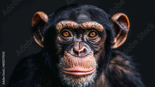Detailed close-up of a monkey set against a black background, showcasing its features and expression © pham