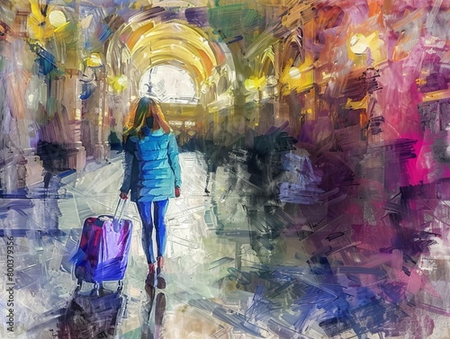 Vibrant Digital Painting of a Pedestrian Exploring a Colorful and Cinematic Urban Landscape