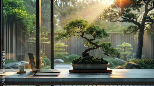 Zen Office with Nature Wallpaper, generative ai
