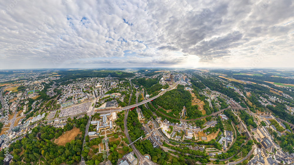 Luxembourg City, Luxembourg. Panorama of the city. Summer day, cloudy weather. Aerial view