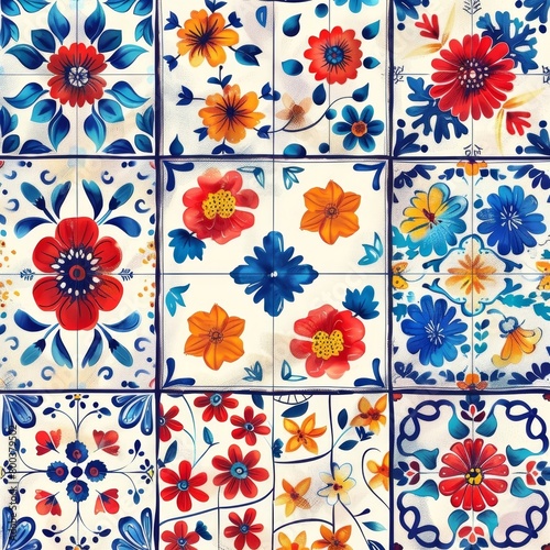 Vibrant Hand-Drawn Floral Tile Patterns Showcase Timeless Decorative Design