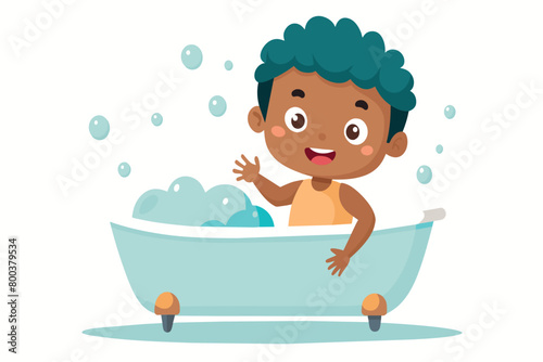 A cartoon boy is in a bathtub with bubbles
