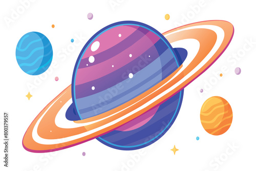 A colorful planet with a ring around it is surrounded by other planets
