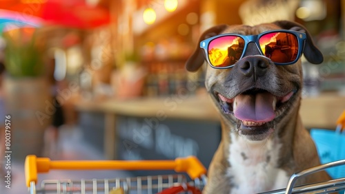 Happy dog in sunglasses shopping for pet accessories in a cart. Concept Photoshoot Ideas, Pet Store Fun, Stylish Dog, Shopping Cart Adventures, Pet Accessory Fashion