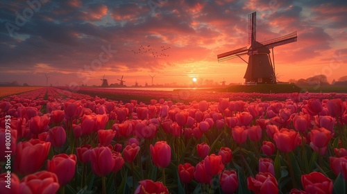 Dutch Dream: Traditional Windmill Amongst Tulip Blooms, generative ai