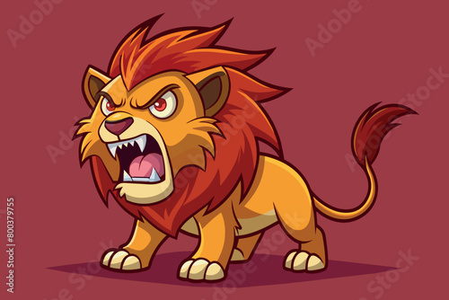 A cartoon lion is standing on a red background with its mouth open