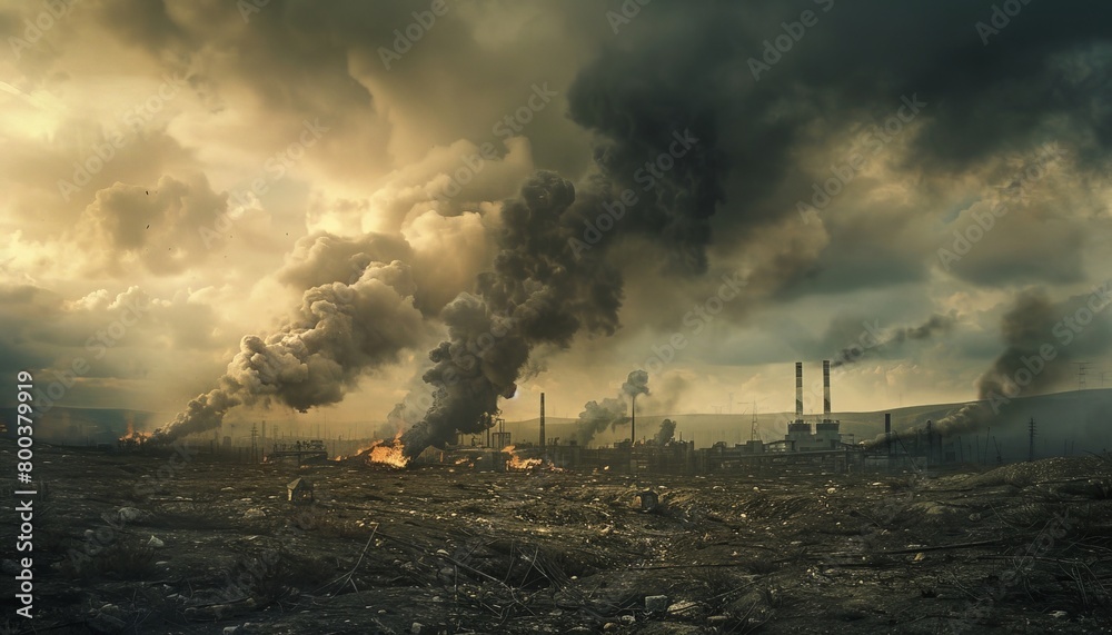 A factory spewing smoke into a polluted sky, with barren land stretching out in the foreground, symbolizing the bitter consequences of neglect or greed  