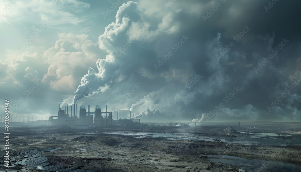 A factory spewing smoke into a polluted sky, with barren land stretching out in the foreground, symbolizing the bitter consequences of neglect or greed  