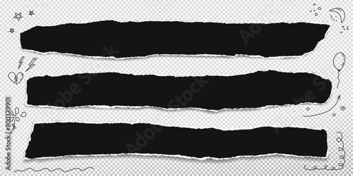 Black paper strips with torn edges and soft shadow are on squared background for text or ad. Doodle style.