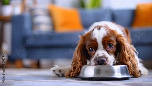 Hungry English springer spaniel eagerly eating from metal bowl in living room. Concept Pet photography, Springtime meal, Eager eater, Joyful pet portraits photo