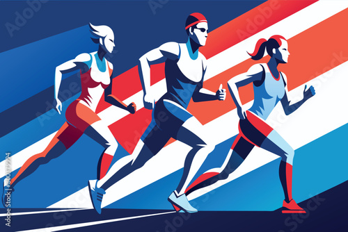 Three runners are racing on a track, with one of them wearing a swim cap