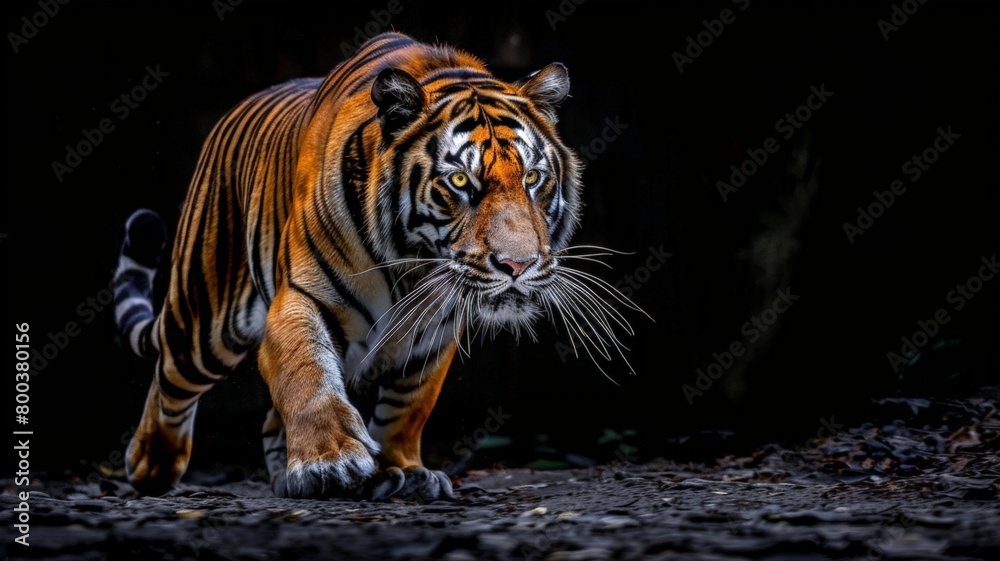 Fototapeta premium A tiger with its mouth open walks through darkness