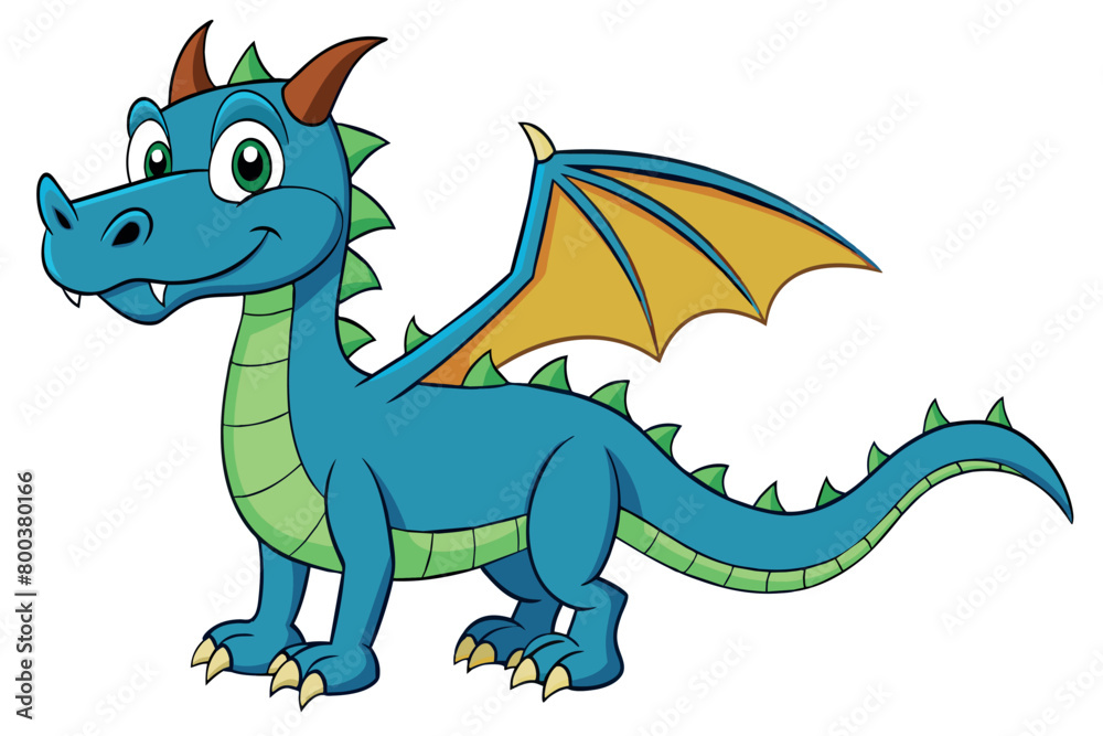A cartoon dragon with a yellow wing and green tail A cartoon dragon with a yellow wing and green tail