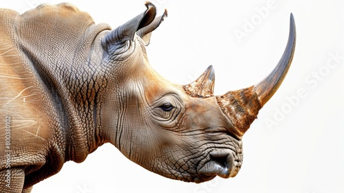 Detailed close-up of a rhinoceross head against a plain white backdrop, showcasing the animals features such as horn, ears, and eyes