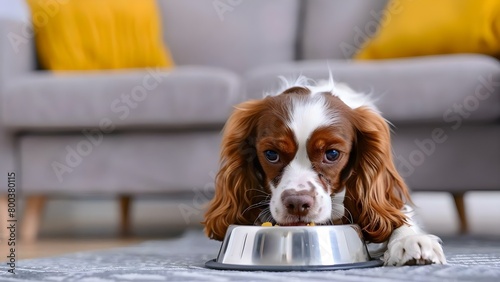 Eager English Springer Spaniel Feeding from Metal Bowl in Living Room. Concept Pet Photography, Dog Feeding, Metal Bowls, Living Room Decor, English Springer Spaniel photo