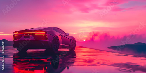 surreal retrowave artwork of a synthwave highway with a car and a beauty sunset, vaporwave wallpaper