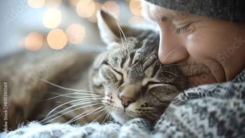 Man cuddles tabby cat indoors: A heartwarming display of the human-animal bond and pet adoption. Concept Indoor Cuddles, Tabby Cat, Human-Animal Bond, Pet Adoption, Heartwarming Display photo