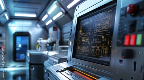 Futuristic spaceship abstract technological control panel with toggle switches and buttons or panel of unknown device or space ship.
