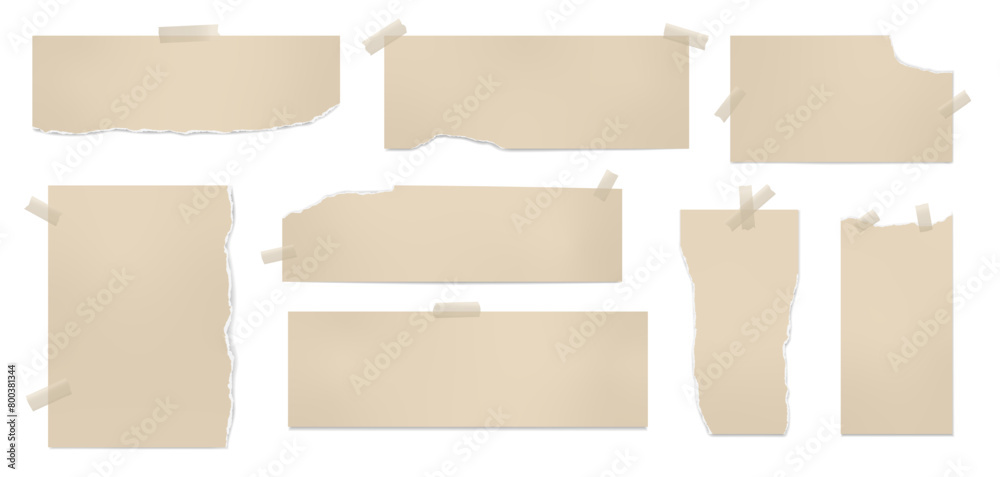 Set of torn brown note paper pieces stuck with adhesive tape are on white background for text or ad.