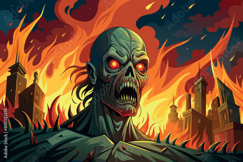 A zombie monster is standing in front of a burning city