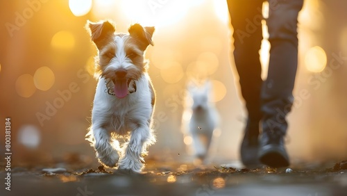 Jack Russell Terrier runs with owner in field at sunset sticking out tongue. Concept Pet Photography, Outdoor, Joyful Moments, Running Dog, Sunset Wildlife