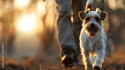 Jack Russell Terrier joyfully runs with owner in field at sunset with tongue out. Concept Dog Photography, Sunset Photoshoot, Running Activity, Fun with Pets, Photography Techniques