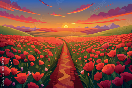 A beautiful field of red flowers with a path leading through it