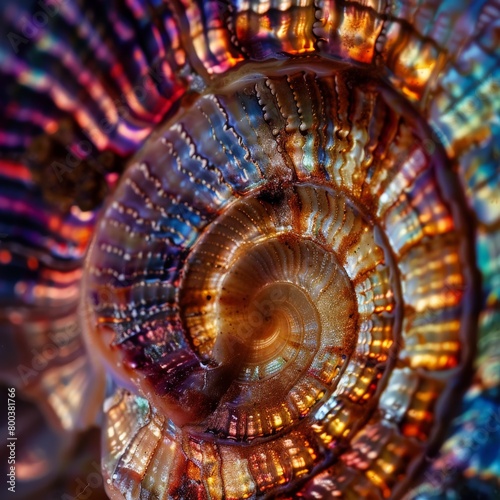 A macro shot of a colorful seashell, highlighting the intricate patterns and textures of its surface 