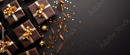 Happy Holidays mock up with chocolate gift box on brown. Celebration greeting background with presents, confetti, decorations. Flat lay. Top view. Generative Ai