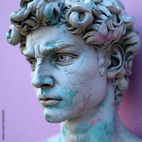 a head sculpture on a purple, blue and pink background, in the style of hellenistic art, post-internet aesthetics, womancore, light cyan and white, appropriation artist, realistic color schemes, flat  photo