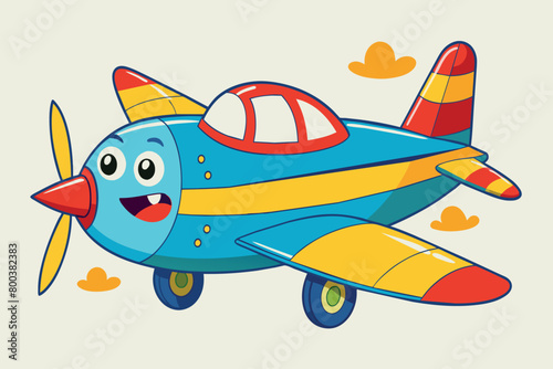A cartoon airplane with a smiling face and a red propeller