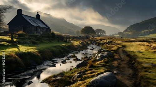A quaint house by a peaceful stream in the countryside,  photo