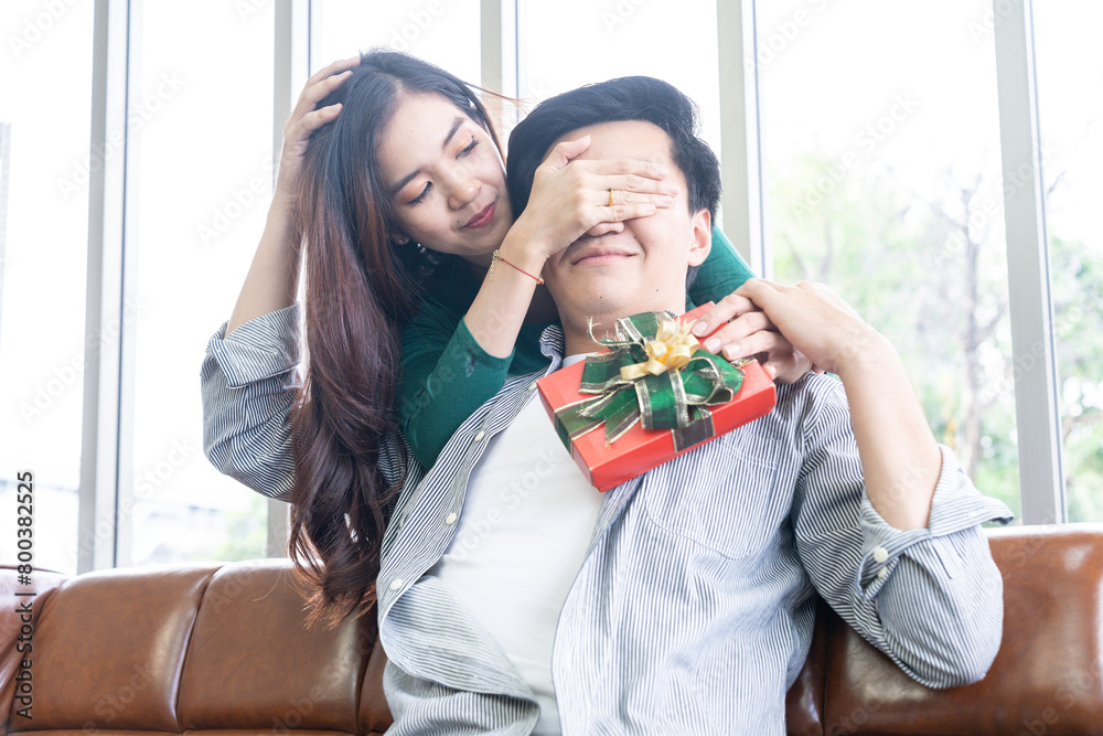 The young woman is giving a gift to her boyfriend The young woman is giving a gift to her boyfriend