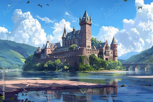 Mosel_Castle. Stylized illustration of a typical old german castle situated above of a river .