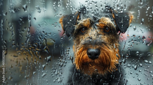 A forlorn dog gazes through a glass pane streaked with rain, invoking feelings of longing and solitude with its soulful eyes photo