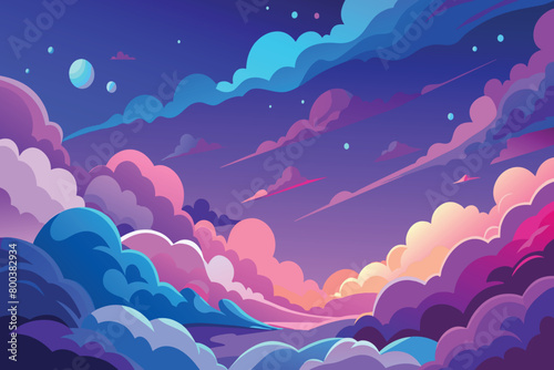 A colorful sky with clouds and a few stars