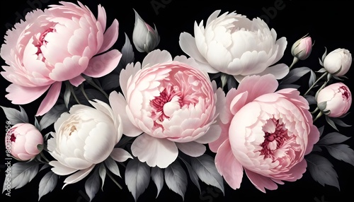 A bouquet of pink and white flowers on a black background. stand out from the dark background. 