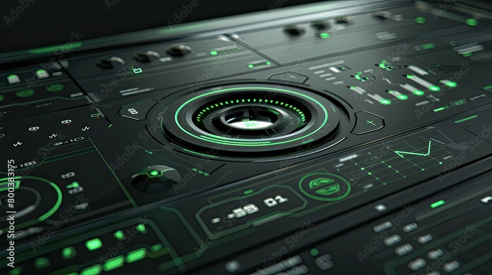 The image shows a close-up of a spaceship control panel. The panel is made of dark metal and has a number of buttons, switches, and lights. The image shows a close-up of a spaceship control panel. The panel is made of dark metal and has a number of buttons, switches, and lights.