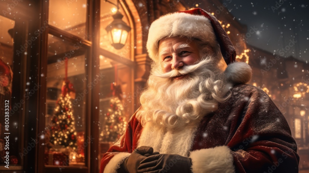 Magical Christmas background with Santa Claus. Winter fairytale style. Holiday celebration concept.