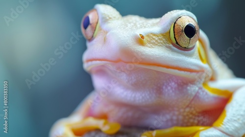 Capturing the solemn gaze of a pale yellow tree frog  this image emphasizes the amphibian s expressive eyes