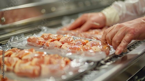 Workers packaging frozen chicken cuts into vacuum-sealed bags for shipment to international markets, highlighting the meticulous attention to detail in the packaging process.