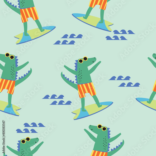 Cute colorful crocodile crab elephant leon beach items surf and summer beach animals  seamless print pattern graphic tee design for kids market as vector © Pinkmushroom