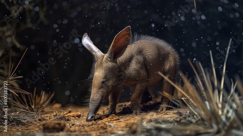 An aardvark forages on the ground at night, surrounded by twinkling lights and vegetation photo